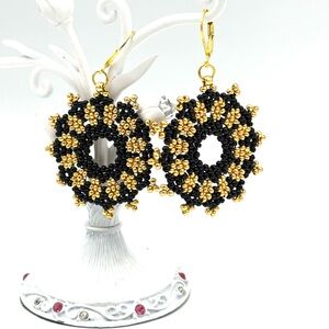 Beaded Ring Flower Earrings Hand Crafted Black Gold